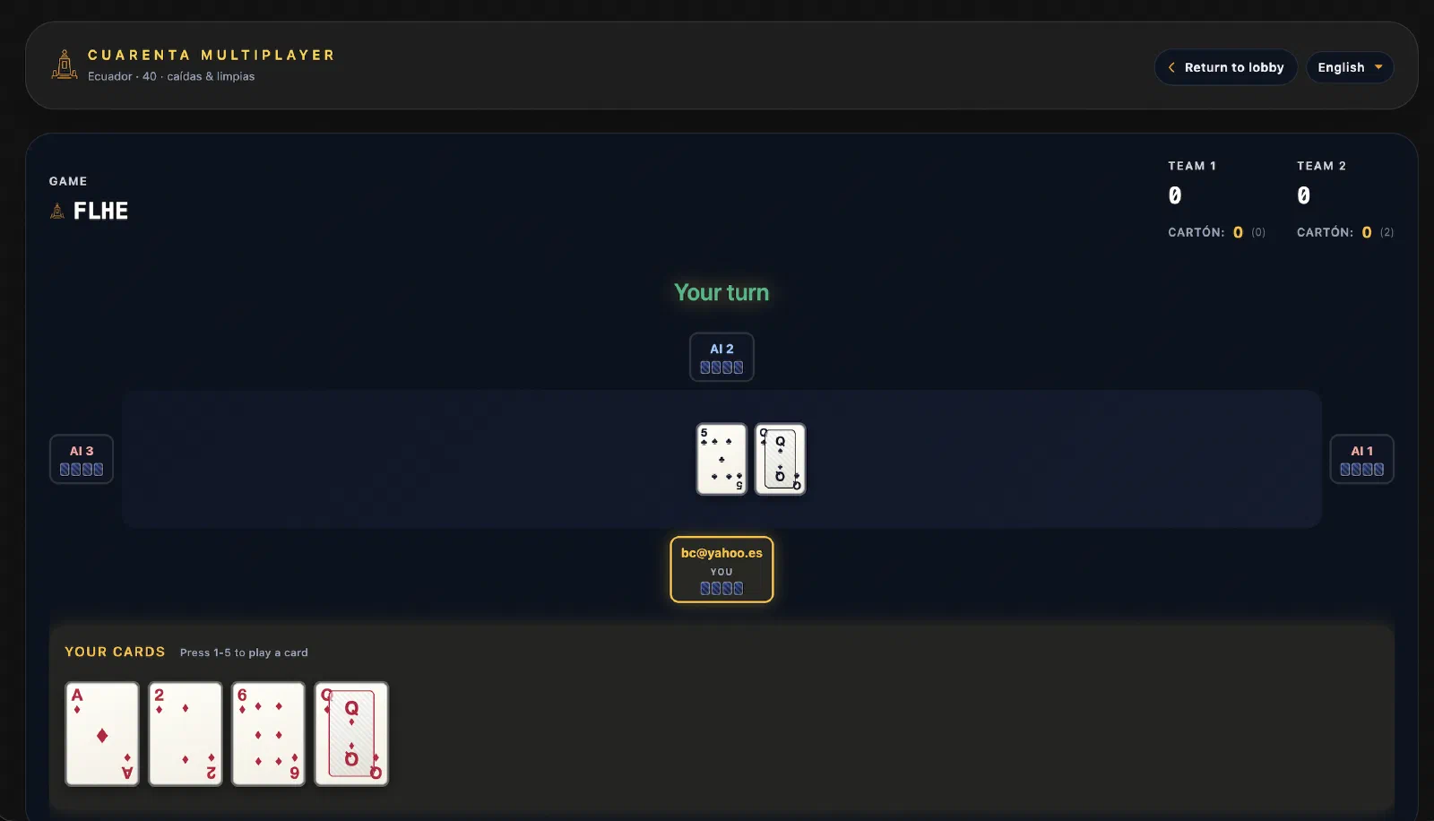 The deployed game: playing cuarenta against the engine in the browser